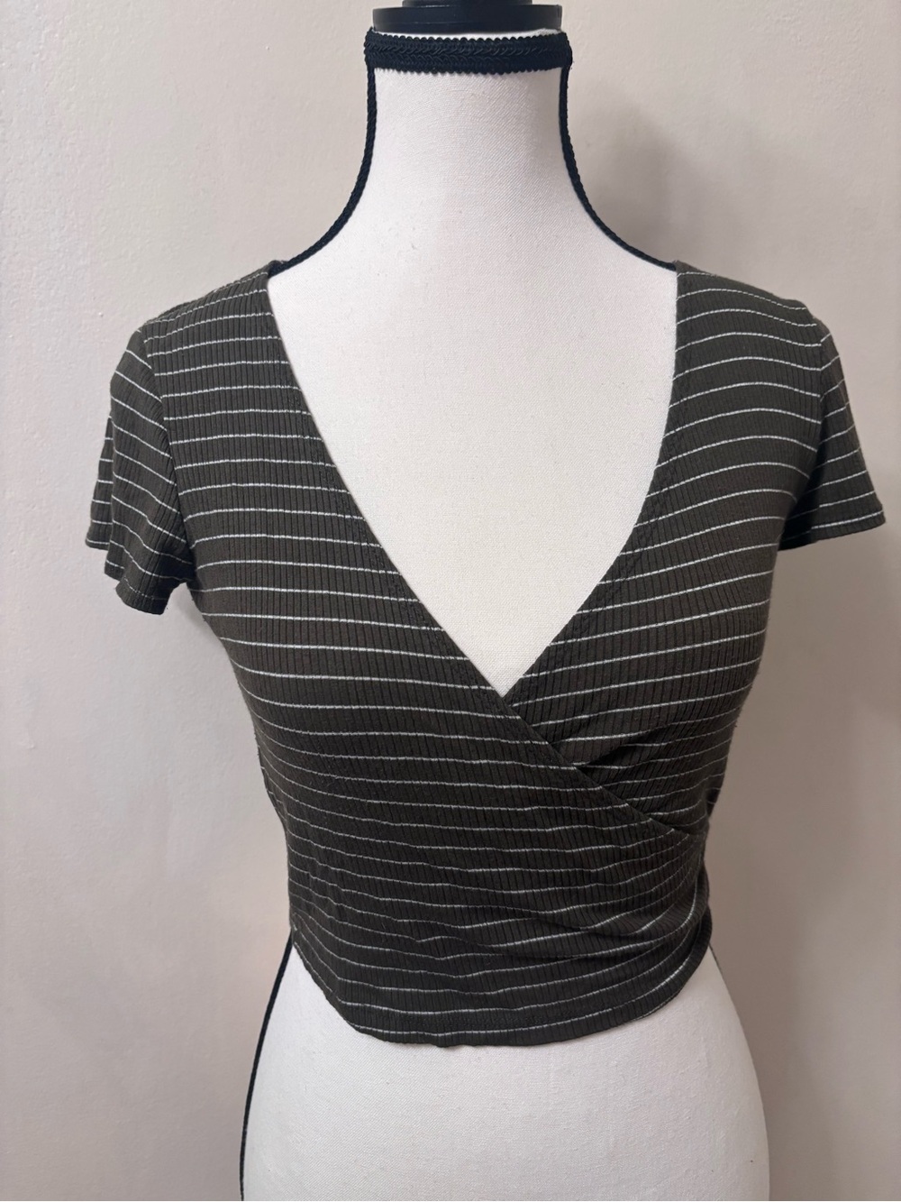 Forever 21 Olive & White Striped Wrap Crop Top